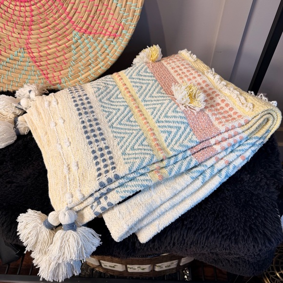 Aphorism Other - Tassel Boho Throw Blanket Cream yellow blue multi Striped 80%Cotton Indian50”x64